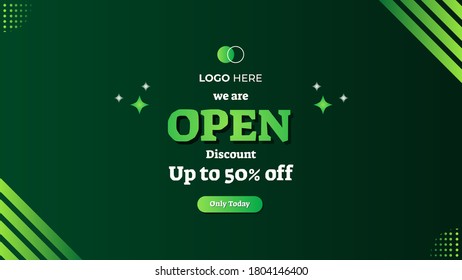 We are open, Green background with dynamic and striped shape composition. Suitable for shop sign opening, web banner, landing page, wallpaper, poster and more