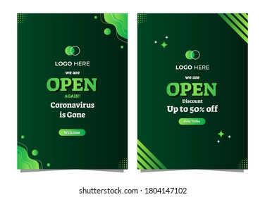 Estamos abiertos, afiche verde con composición de forma líquida y rayada. Adecuado para la apertura de letreros de tienda, banner web, fondo de pantalla, folleto y más