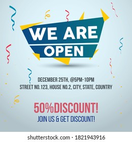 We are open. We are open join us and get 50% discount announcement facebook post in cyan color background. Opening Invitation post with confetti falling for facebook and social media template. 