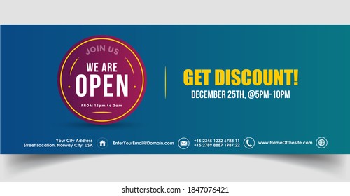 We are open join us and get discount  facebook cover banner in purple and blue green gradient for marketing. Join us we are open and get discount cover banner. Get discount cover