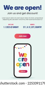 We are open. We are open join us and get discount. Colorful Join us we are open with mobile app with discount, date, time and venue. Opening now. Get Discount. New Offer. You are invited. mobile app
