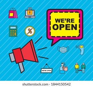 we are open line and fill style icon set design of Shopping commerce and covid 19 theme Vector illustration