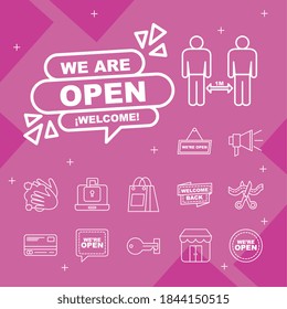 we are open line style icon collection design of Shopping commerce and covid 19 theme Vector illustration