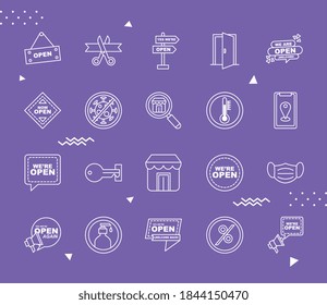 We Are Open Line Style Set Icons Design Of Shopping Commerce And Covid 19 Theme Vector Illustration