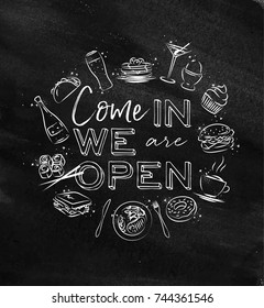 We are open monogram with food icon drawing with chalk on chalkboard