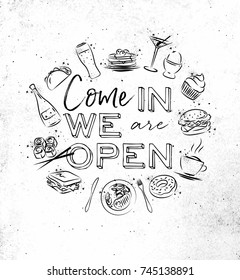 We are open monogram with food icon drawing on dirty paper background