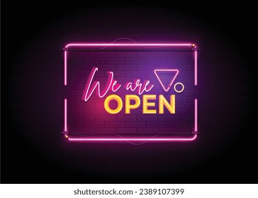 we are open neon sign text effect social media post concept design with light glowing background