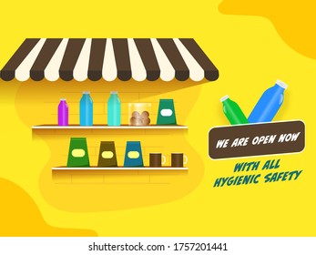 We Are Open Now With All Hygienic Safety Text with Product Shop or Store on Yellow Background.