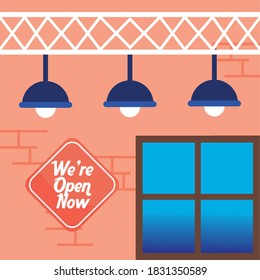 we are open now re opening lettering in signal with lamps vector illustration design