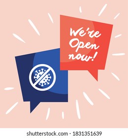 we are open now re opening lettering and stop covid19 signals in speech bubbles vector illustration design