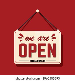 We are Open please come in, with shadow isolated on red background. Realistic Design template - Vector
