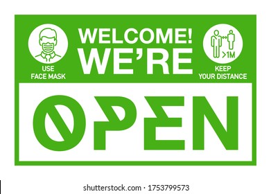 We are open please come in sign board illustration isolated on whie background. it's over sign Banner reopen on the front door with text welcome we're open again after quarantine COVID19 coronavirus