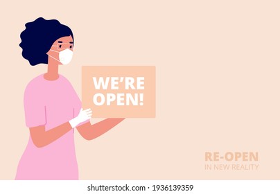 We are open. Shopping store opening, new normal or business reopen. Woman hold welcome banner, marketing message for buyers utter vector poster