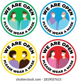 We are open sign after covid19 outbreak, for small business concept. Re-open their business or shop accepting customer with new normal protocol to use a mask. sticker for new normal. 