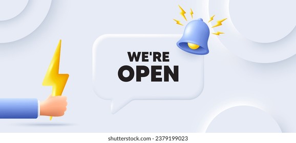 We are open tag. Neumorphic background with chat speech bubble. Promotion new business sign. Welcome advertising symbol. Open speech message. Banner with energy. Vector