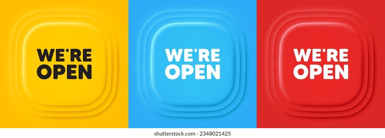 Estamos abiertos. Banners de oferta neumórfica. Promoción de nuevo signo de negocio. Símbolo publicitario de bienvenida. Abrir el fondo del podio. infografía del producto. Vector