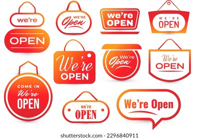 We Are Open, Text Collection for Sticker, Flyer, Header, Banner, Advertisement, and Announcement