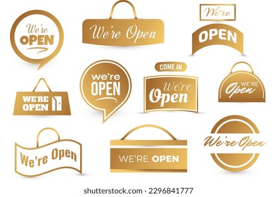 Estamos abiertos, colección de texto para adhesivos, volantes, encabezados, pancartas, anuncios y anuncios