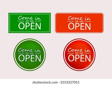 We are open text, tag, icon, sign, symbol vector template set. Design for business and marketing sign.