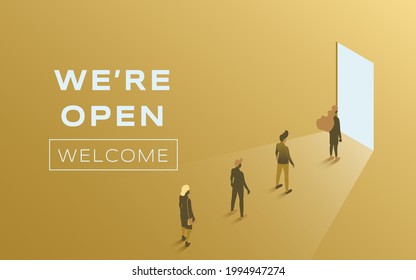 We Are Open Vector Flat Poster Design. People Standing In Line Against Open Door. Advertising And Promotion Banner With Space For Text. Card For Cafe, Restaurant, Store, Or Shop Opening.