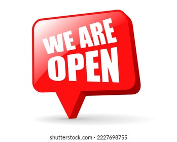 We are open vector pin button isolated on white background, we're open glossy sign.