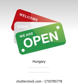 Estamos abiertos de bienvenida de vuelta Bandera húngara etiqueta del logo