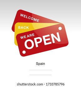 We Are Open Welcome Back Spanish Flag Sign Logo Icon Label