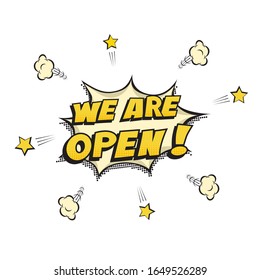 Abrimos letras amarillas en burbujas de habla con estrellas y nubes de humo. Publicidad al estilo de arte pop. Tienda, diseño de etiquetas de tienda. Plantilla de cómic retro. Promo, venta, compras. Ilustración del vector