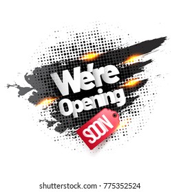 We are Opening Soon Advertisement Banner or Poster Design on Halftone Decorated Background with Golden Effect.