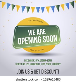 We are opening soon announcement facebook invitation post. Very decent and creative design for invitation on your opening in yellow and green colour combination. Facebook post template