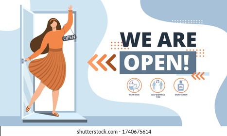 We are open.Welcome back after pandemic.Vector template for landing,banner,poster.We are working again after coronavirus.Reopening.Woman Open a cafe,shop,store,salon.Small business.