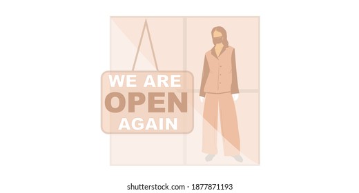 Estamos abiertos.Bienvenidos de vuelta después de la pandemia.Planilla de ilustración plana vectorial para aterrizar, banner, afiche.