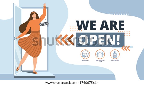 We are open.Welcome back after pandemic.Vector\
template for landing,banner,poster.We are working again after\
coronavirus.Reopening.Woman Open a cafe,shop,store,salon.Small\
business.