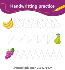 We outline the line by dots, teaching handwriting. Decor Set of banana, pear and grapes. Preschool education. Vector illustration in cartoon style.