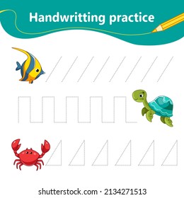 We outline the line by dots, teaching handwriting. Decor Set of fish, turtle and crab. Preschool education. Vector illustration in cartoon style.