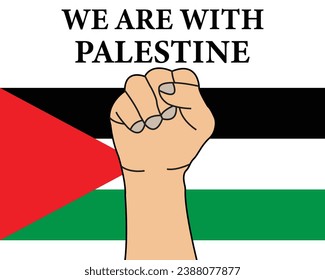 Wir sind mit palästinensischem Textbanner .Hand mit palästinensischer Flagge.