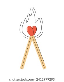 We are a perfect match concept with fire flame. Vector illustration with two matches forming a heart. Design element for card, flyer, poster, for Valentines day