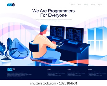 We are Programmers for everyone isometric landing page. Software development skills isometry website page. Man working on computer web concept in flat style, vector illustration with people character