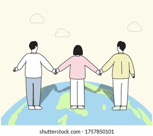 We Protect the Earth illustration set. world, global, cloud, people. Vector drawing. Hand drawn style.