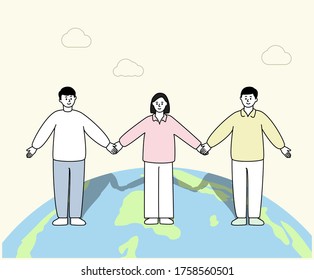 Protegemos el conjunto de ilustraciones de la Tierra. mundo, global, nube, gente. Dibujo de vectores. Estilo dibujado a mano.