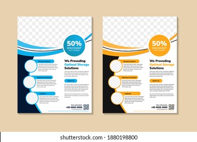 wir bieten optimale Speicherlösungen für Flyer-Template-Design mit vertikalem Layout. Kombination aus blauem, orangefarbenem und schwarzem Element auf weißem Hintergrund. Raum für Foto. 