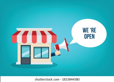 We 're open.Small Business Storefront. Retail. Vector illustration