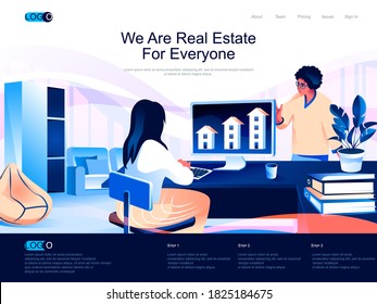 We are Real Estate for everyone isometric landing page. Real estate agency, buy, rent and mortgage services isometry website. Realtor working on computer web concept, vector illustration with people.