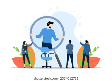 We are recruiting concept. The perfect young candidate emerges from a large magnifying glass. deployment. online recruiting and headhunting agency. Interview. Hiring employees. Vector illustration