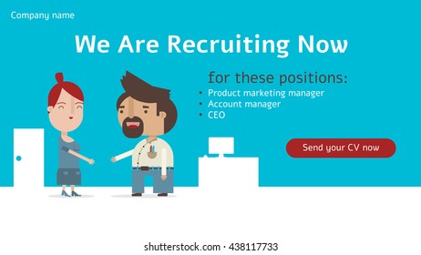 We are recruiting now banner with send your CV now button, and two characters, a man and a woman are about to shake hands in an office