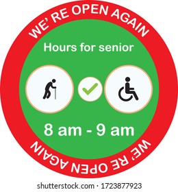 We Reopen At 8 Am At 9 Am For Seniors And Disabled People, Vector Illustrations Of Small Business Owners Who Welcome Customers, Reopening Store Information, Services, Cafes, Restaurants.