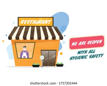 We Are Reopen With All Hygienic Safety Message Text with Waiter Man wearing Protective Mask and Face Shield in Restaurant.