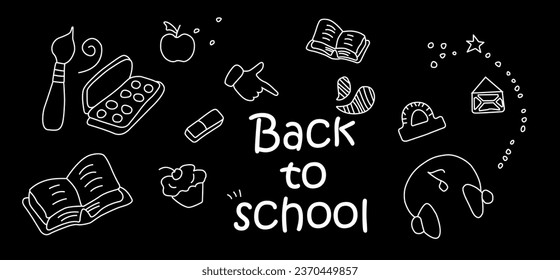 Wir kehren zurück zur Schule mit Accessoires auf schwarzem Hintergrund. Schulzubehör, Vektorgrafiken auf schwarzem Hintergrund. Illustration EPS10
