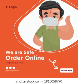 We are safe order online banner design. Confectioner wearing mask and showing thumbs up. Vector graphic illustration.