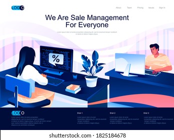 We are Sale Management for everyone isometric landing page. Analyzing and developing salesforce isometry website. Manager working on computer web concept, vector illustration with people characters.